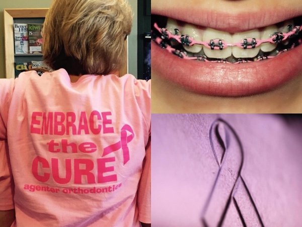 Women wearing an "embrace the cure" shirt, braces with pink bands and a breast cancer awareness ribbon