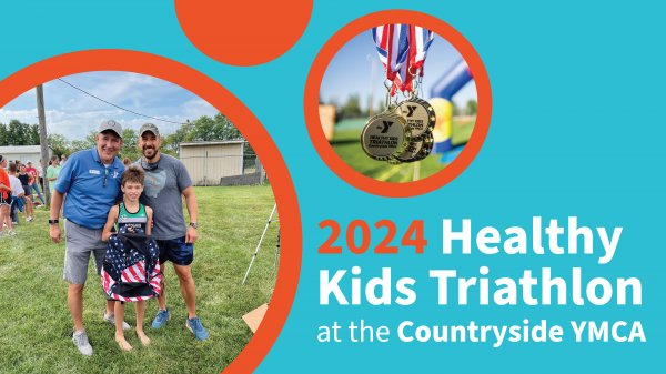 A picture of two men and a young boy with the boy holding an American Flag bag and a picture of medals together with text "2024 Healthy Kids Triathlon at the Countryside YMCA"